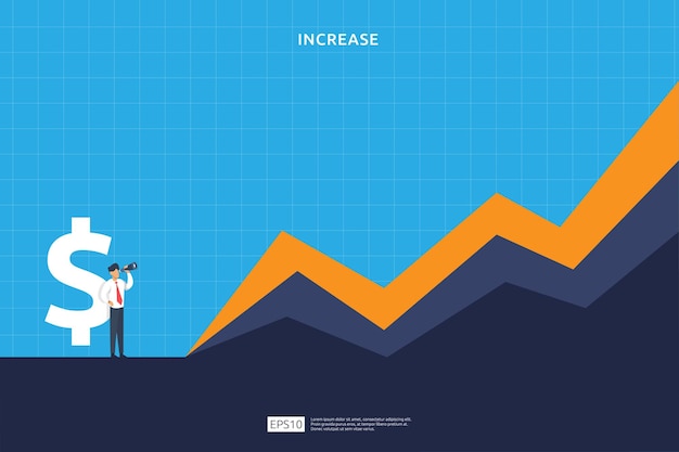 Finance performance concept. business profit increase with growth up arrow and people character. income salary rate grow margin revenue with dollar symbol. return on investment ROI vector illustration