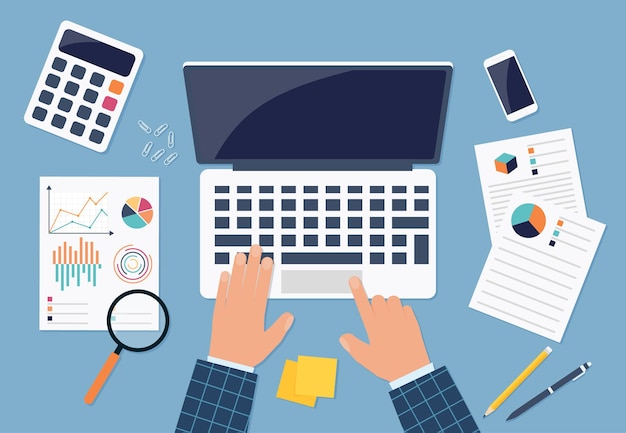 Financial Accounting Desk. Top view of a table, laptop, folder, documents, notepad, business card, books, coffee, business, organization. Eps 10