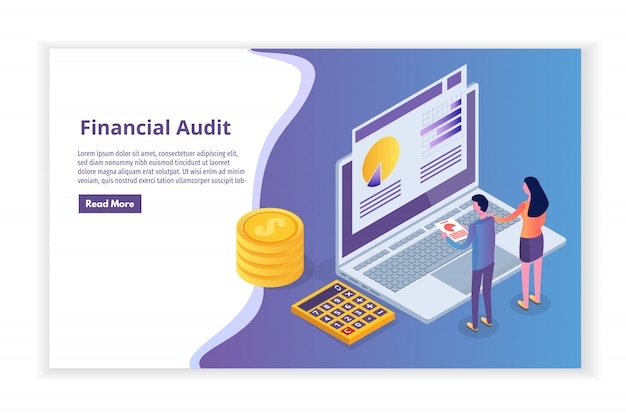 Financial administration, examiner, audit isometric concept with characters. Company tax and account.