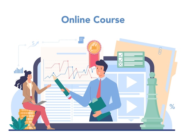 Financial advisor online service or platform. Business character consulting of financial operation. Online course. Isolated flat