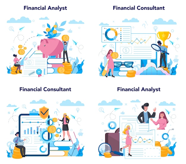 Financial analyst or consultant set. Business character making financial