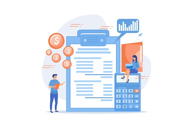 Financial analysts doing income statement with calculator and laptop. Income statement,