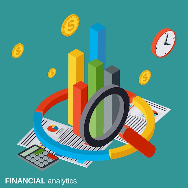 Financial analytics flat isometric vector concept illustration