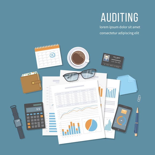 Financial audit, accounting, analytics, data analysis, report, research. Documents with charts graphs, report, purse, calculator, calendar, auditor's identification card, notebook.