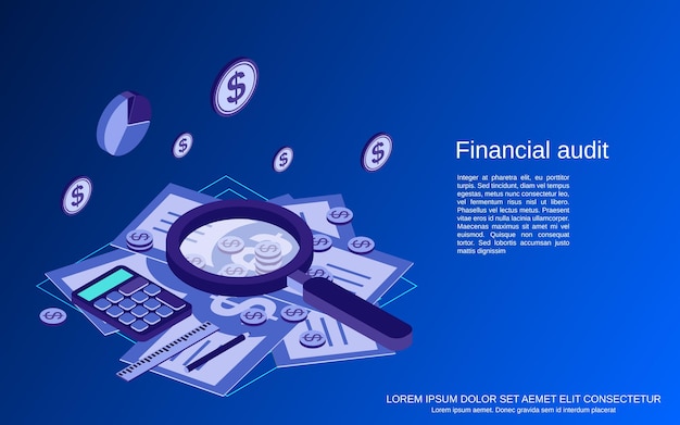 Financial audit, analytics, control, statistics flat isometric concept illustration