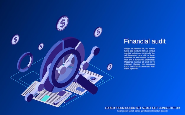 Financial audit, analytics, control, statistics flat isometric vector concept illustration