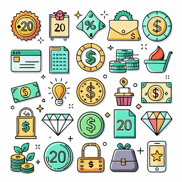 Vector financial and business icon set colorful money budget and savings illustrations