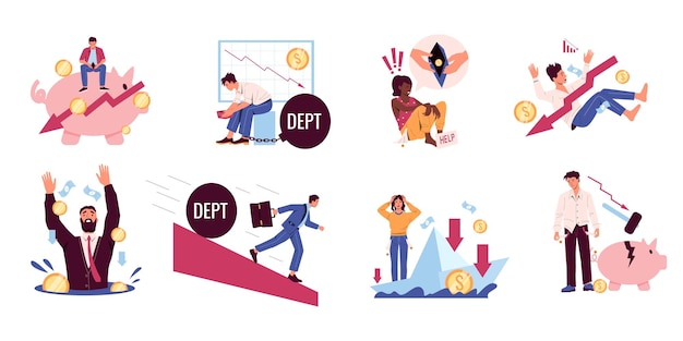 Financial crisis Business bankruptcy money loss and economy collapse cartoon concepts with business characters Vector credit and loan scenes