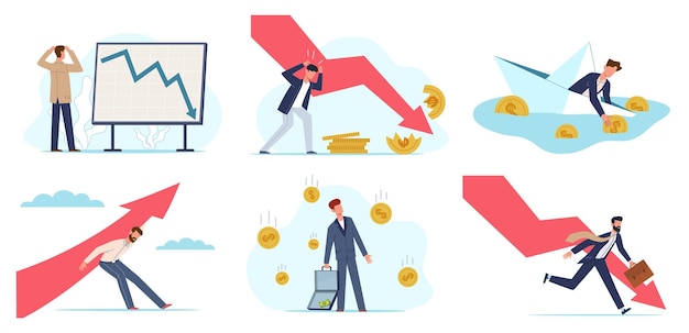 Financial crisis. Global economic money problem, depressed businessman. Bankruptcy unpaid loan debt, investment failure company startup collapse, people and falling arrow concept vector flat set