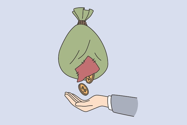 Financial crisis, money lack concept. Hand of businessman catching golden coins from poor shabby sack over blue background vector illustration