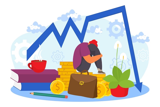 Vector financial crisis, vector illustration. sad businessman character sit near business finance failure graph, market economy recession.