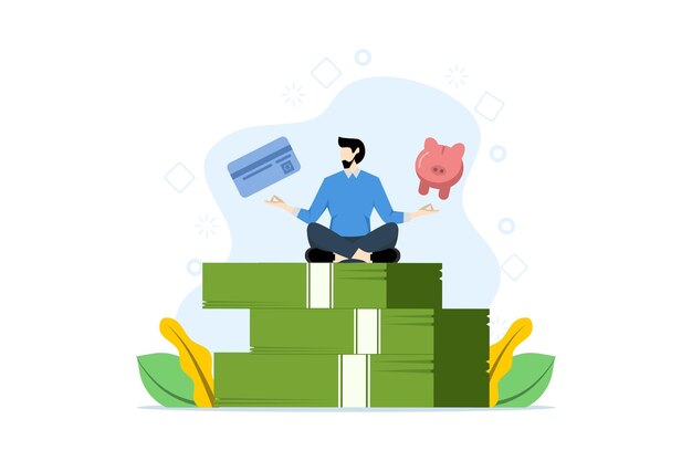 Vector financial discipline concept with man meditating on banknotes with credit card and piggy bank