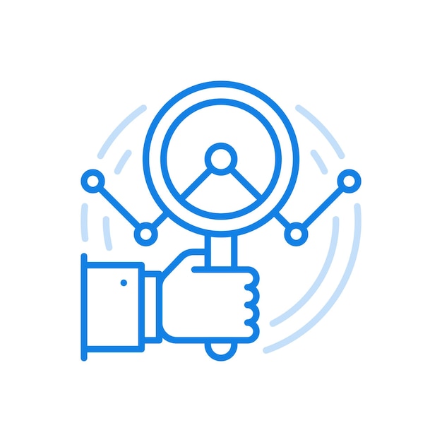 Financial dynamics analytics vector line icon hand holds magnifying glass looking through graph