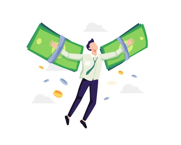 Financial freedom concept illustration. Businessman flying on money wings. Vector in a flat style