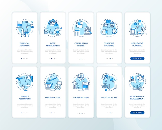 Financial literacy onboarding mobile app page screen with concepts set