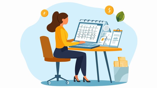 Vector financial management concept with woman sitting at desk