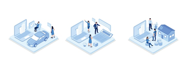 Financial management illustration set. Characters paying credit, mortgage, taxes and household