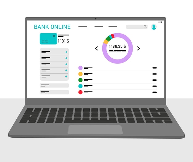 Vector financial management laptop with banking application interface vector illustration