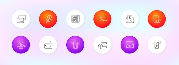 Financial management set icon Banking bank card write a check dollar sign pencil checkmark cashless payments Business concept Neomorphism style Vector line icon