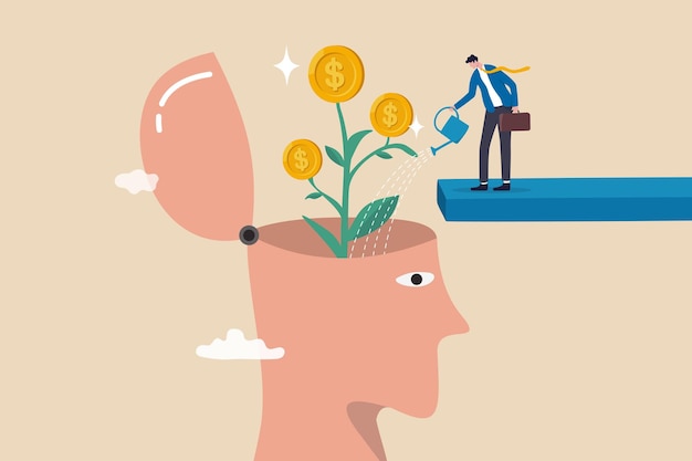 Financial mindset for investor to growing profit rich mindset or knowledge to grow business psychology or knowledge for investment concept businessman watering plant with money from human head