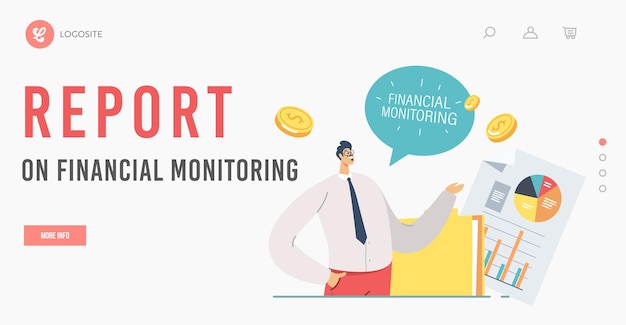 Financial Monitoring Report Landing Page Template. Business Meeting, Project Presentation. Businessman Character Pointing on Data Analysis Charts Corporate Statistics. Cartoon Vector Illustration