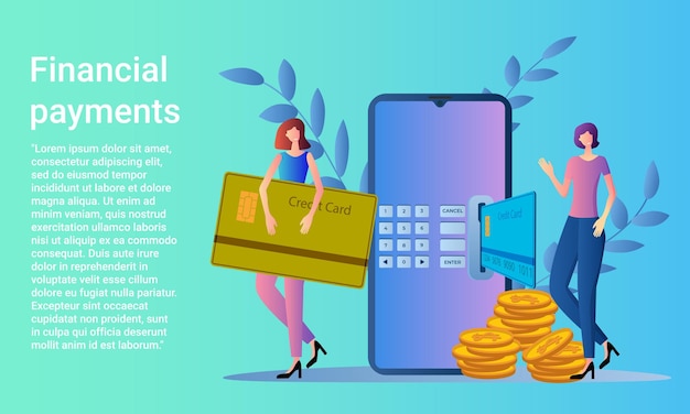 Financial paymentsPeople use smartphones and credit cards to send moneyFlat vector illustration