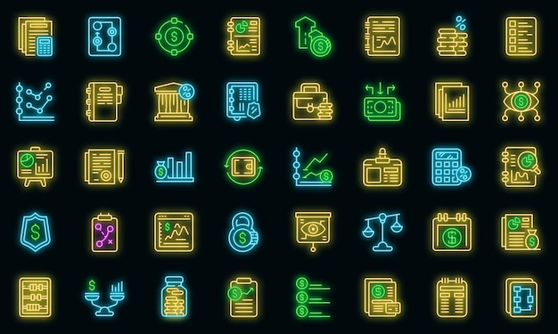 Financial planning icons set. Outline set of financial planning vector icons neon color on black