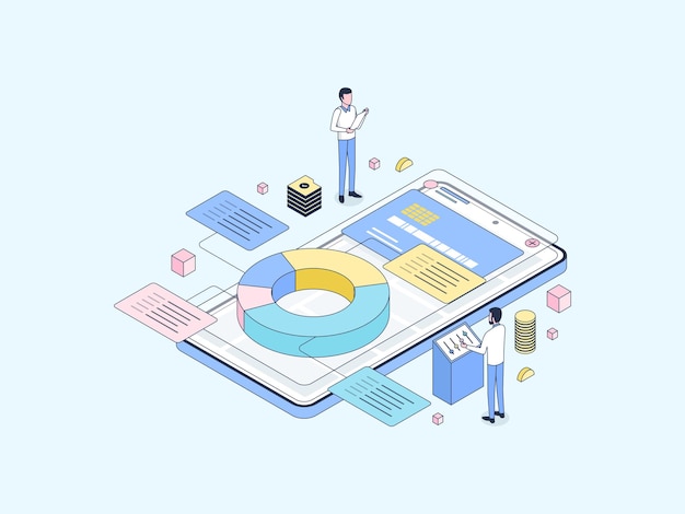 Financial Planning Isometric Illustration Lineal Color. Suitable for Mobile App, Website, Banner, Diagrams, Infographics, and Other Graphic Assets.