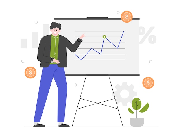 Financial presentation. Man stands at the blackboard with a graph. Business strategy. Training. Successful coach. flat illustration.