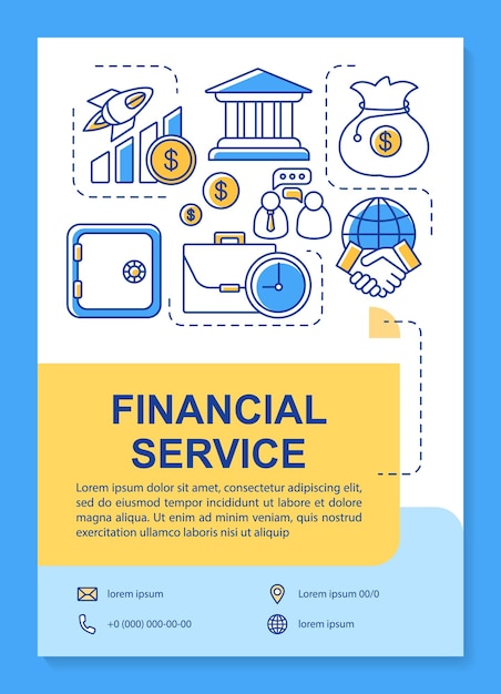 Financial service poster template layout. Accounting, banking industry. Banner, booklet, leaflet print design with linear icons. Vector brochure page layouts for magazines, advertising flyers