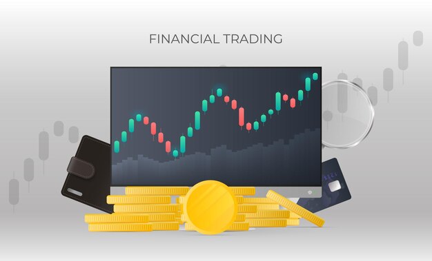 Financial shopping banner. Monitor showing stock market quotes, gold coins, bank card, coin and magnifying glass. Stock market investment trading concept. Vector illustration.