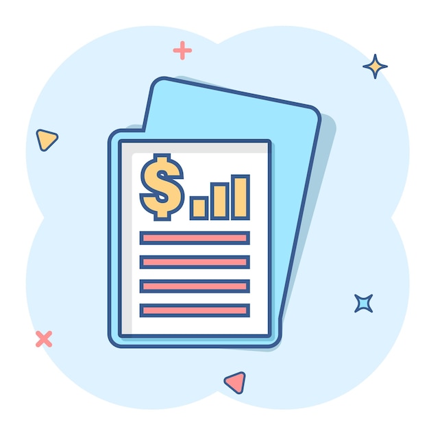 Financial statement icon in comic style Document cartoon vector illustration on white isolated background Report splash effect business concept