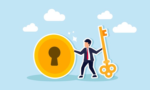 Vector financial success key unlocking rewards in investment opportunities for wealth and profit gain concept of a smart businessman investor holds a large golden key to unlock a coin shaped keyhole