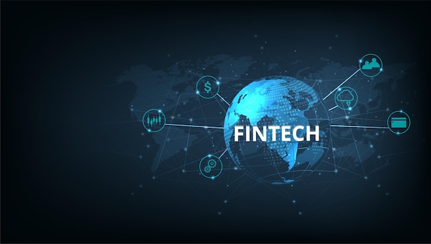 Financial technology and Business world class Icon Fintech and things on blue technology background