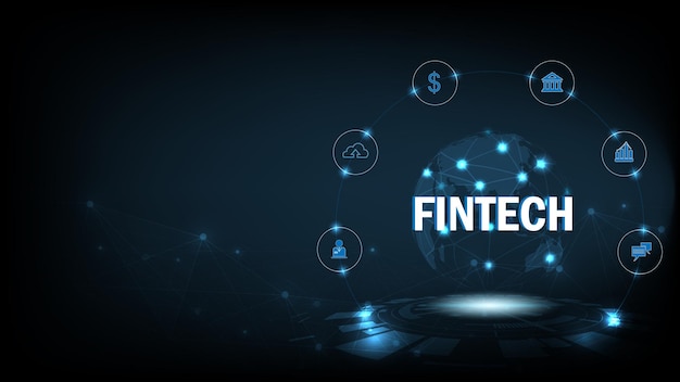 Financial technology and Business world class.Icon Fintech and things on dark blue technology