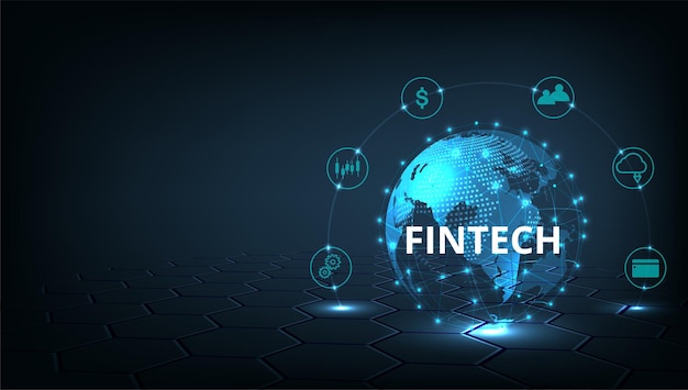 Financial technology and Business world classIcon Fintech and things on dark blue technology background represents the connection Financial technologybanking and Business world class