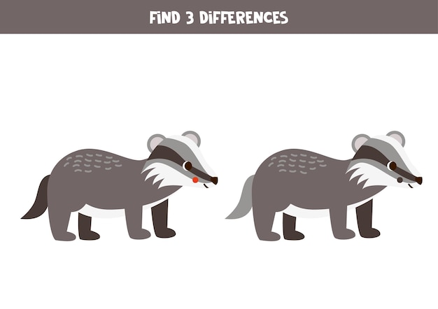 Find 3 differences between two cute cartoon badgers