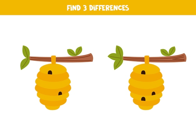 Find 3 differences between two cute cartoon beehives