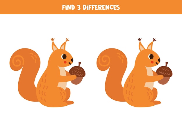 Find 3 differences between two cute cartoon squirrels