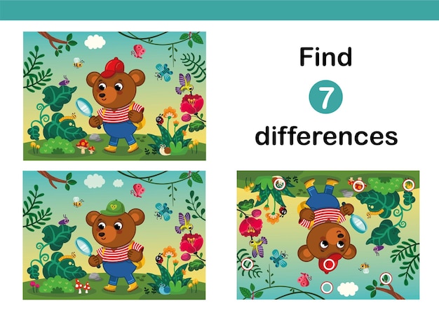 Find 7 differences educational game with a cute cartoon bear character Vector illustration