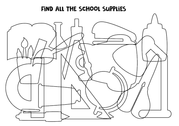 Find all the imposed school supplies Find all silhouettes Logical puzzle for kids