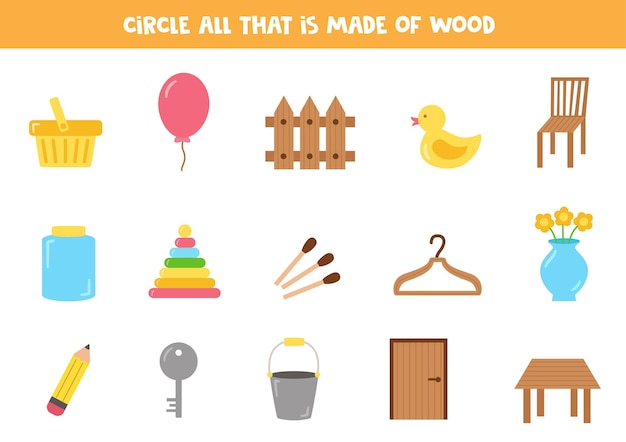 Find all wooden objects Educational worksheet for children