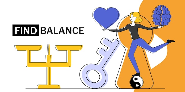 Find balance concept Girl keeping heart and brain in a balance