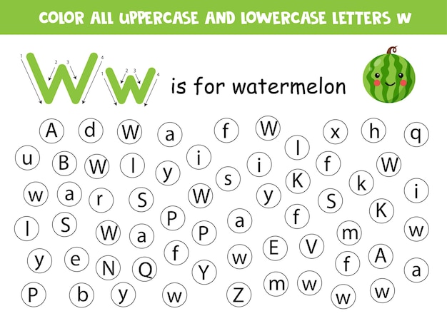 Find and color all letters W. Educational worksheet for learning alphabet. W is watermelon.