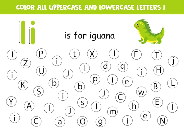 Find and color. Educational worksheet for learning alphabet. ABC letters. I is for iguana