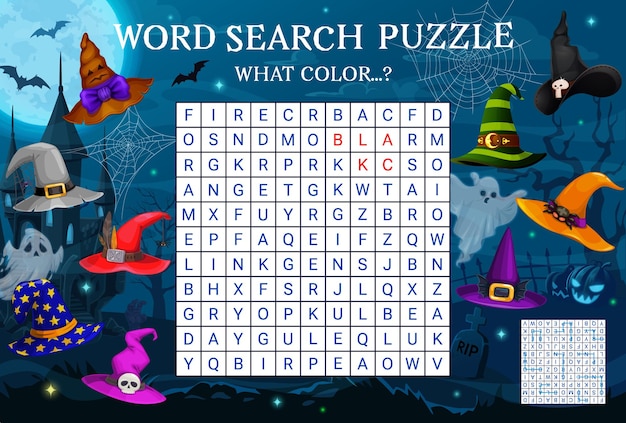 Find color of Halloween witch hat word search game