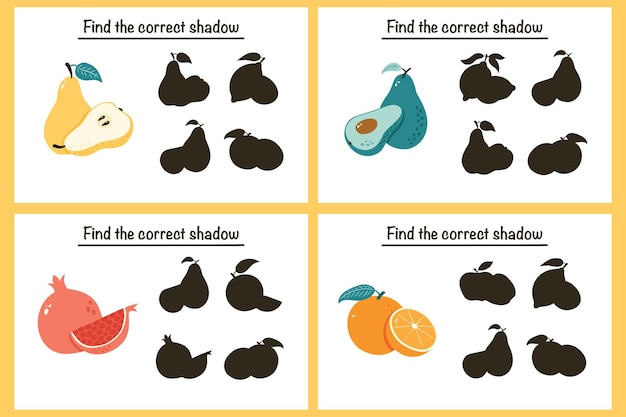 Find correct Fruit shadow educational game for kids Educational worksheet Preschool puzzle Shadow matching activity for children Find correct silhouette game with ripe fruits