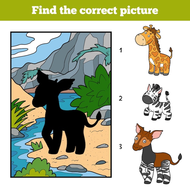 Find the correct picture, education game for children. Okapi and background