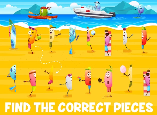 Find correct piece of cartoon vitamins on beach