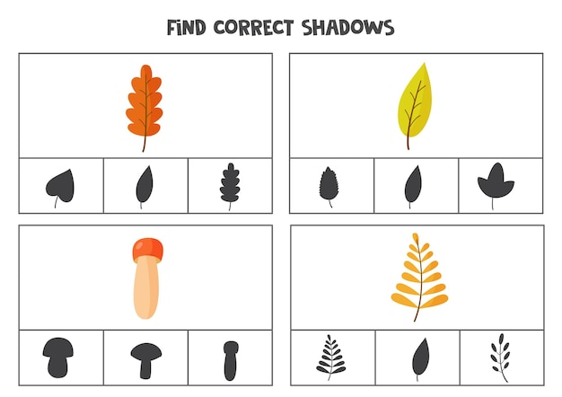 Find correct shadow of autumn leaves and mushrooms. Printable clip card games for children.